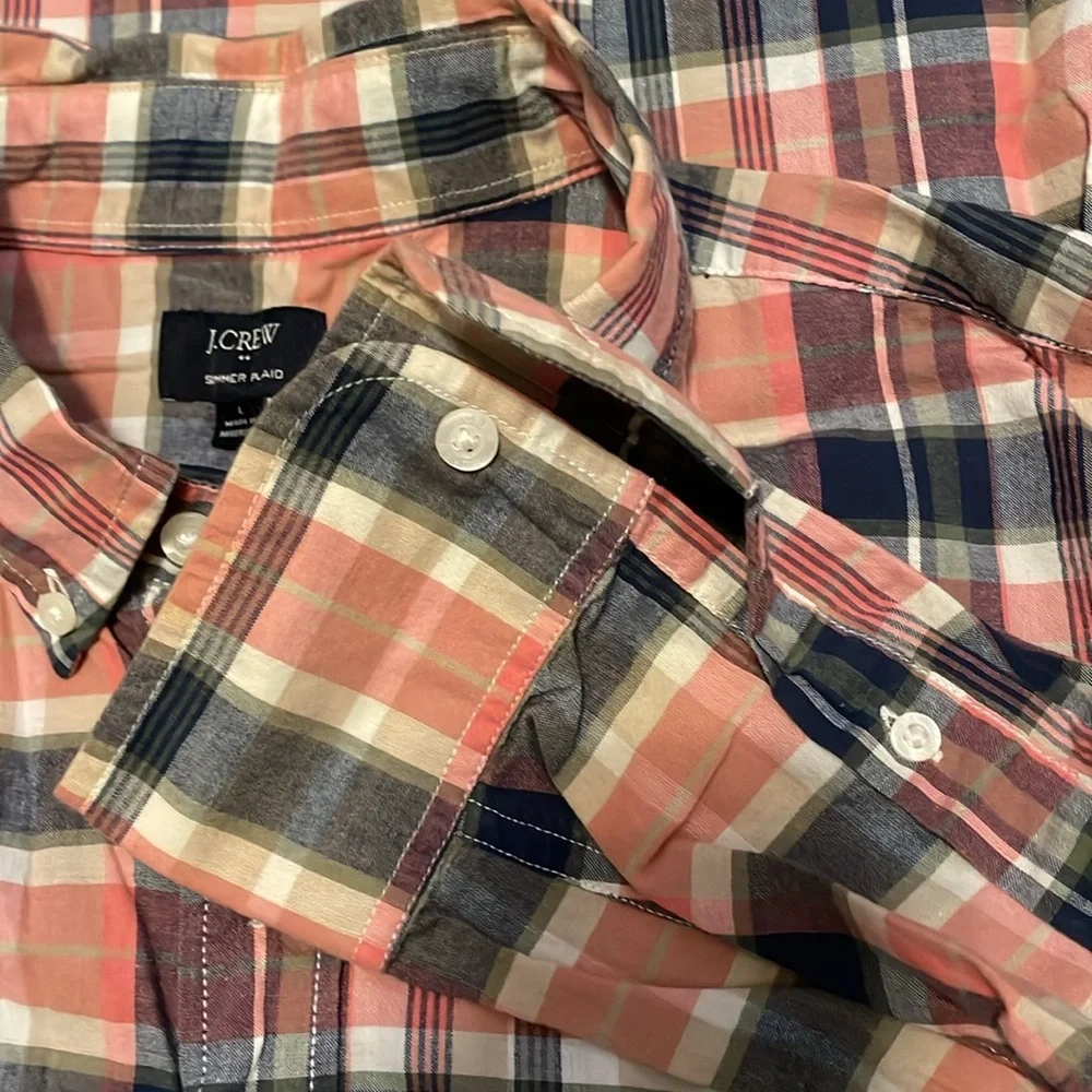 J Crew Button Down Shirt Mens Large “Summer Plaid” Pink &Gray Long Sleeve Preppy